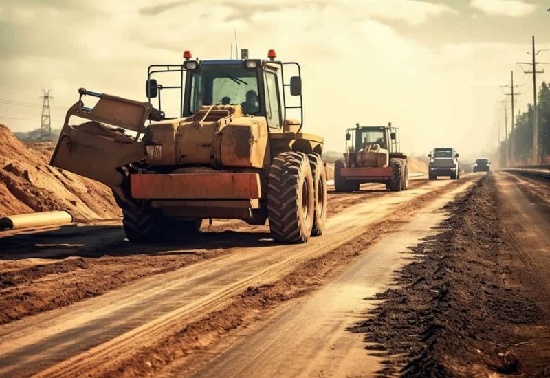 A new road is under construction with several pieces of heavy equipment